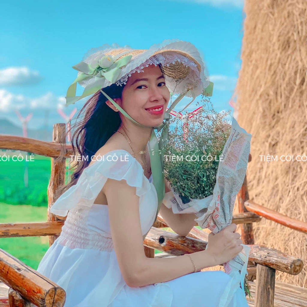 Nón cói ren hoa phong cách Lolita đi biển, chụp ảnh ngoại cảnh, lookbook xinh ngất ngây - Tiệm Cói Cô Lê