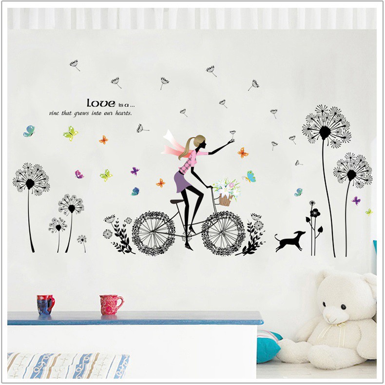 Decal dán tường Cô gái và hoa bồ công anh đen AmyShop DKN109 (93 x 170 cm)