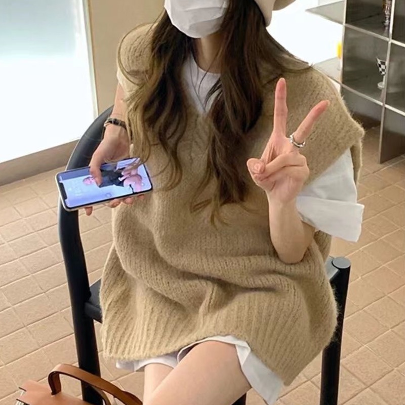 Áo Sweater Dệt Kim Không Tay Cổ Chữ v Phong Cách Hàn Quốc Dành Cho Nữ
