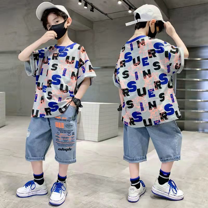 Set Đồ Mùa Hè 2022 Mới (Hàng Có Sẵn) 3 Đến 4 Đến 5 Đến 6 Đến 7 To 8 To 9 To 10 Đến 11 Đến 12 Tuổi Tay Ngắn Cho Bé Trai Quần Jean Dài Thiết Kế Giản Dị Thời Trang