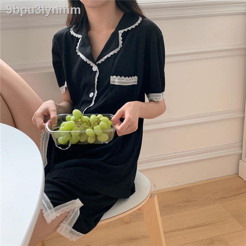 Đồ bộ/ Đồ mặc nhàĐồ ngủ nữ mùa hè Hàn Quốc Bộ ren Cardigan Tính cách Ngắn tay Quần đùi ngọt ngào Homewear hai mảnh