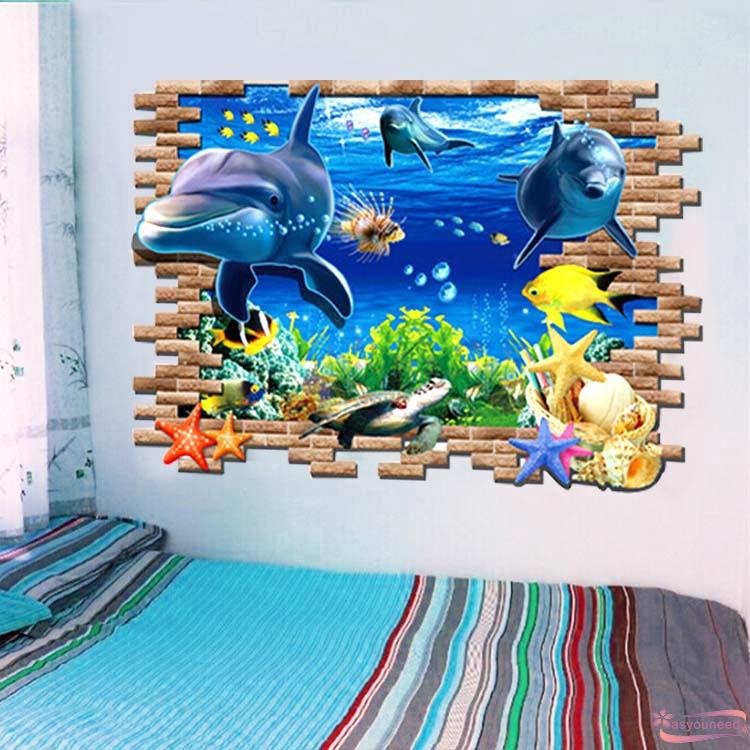 Decal dán tường hình cá heo 3D sáng tạo dễ tháo gỡ chất liệu PVC kích thước 50x70cm