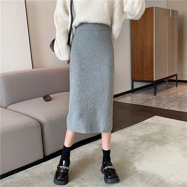 Chân Váy Dệt Kim Dáng Chữ A Lưng Cao Xẻ Tà Thời Trang Thu Đông Hàn Quốc