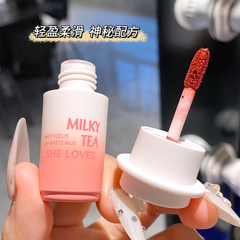 Son bùn SHELOVES trà sữa milky tea size mini chống nước màu đỏ cam đậm