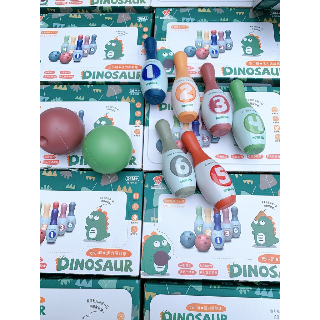 BỘ ĐỒ CHƠI NÉM BÓNG BOWLING HÌNH KHỦNG LONG DỄ THƯƠNG CHO BÉ( 6 CHAI + 2 BÓNG NÉM KÈM HỘP ĐỰNG)