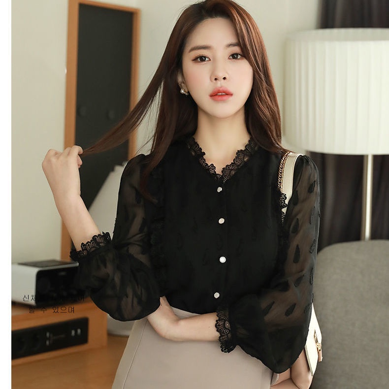 Áo sơ mi voan mỏng cổ chữ V phối ren màu đen phong cách Hàn Quốc cho nữ có size lớn