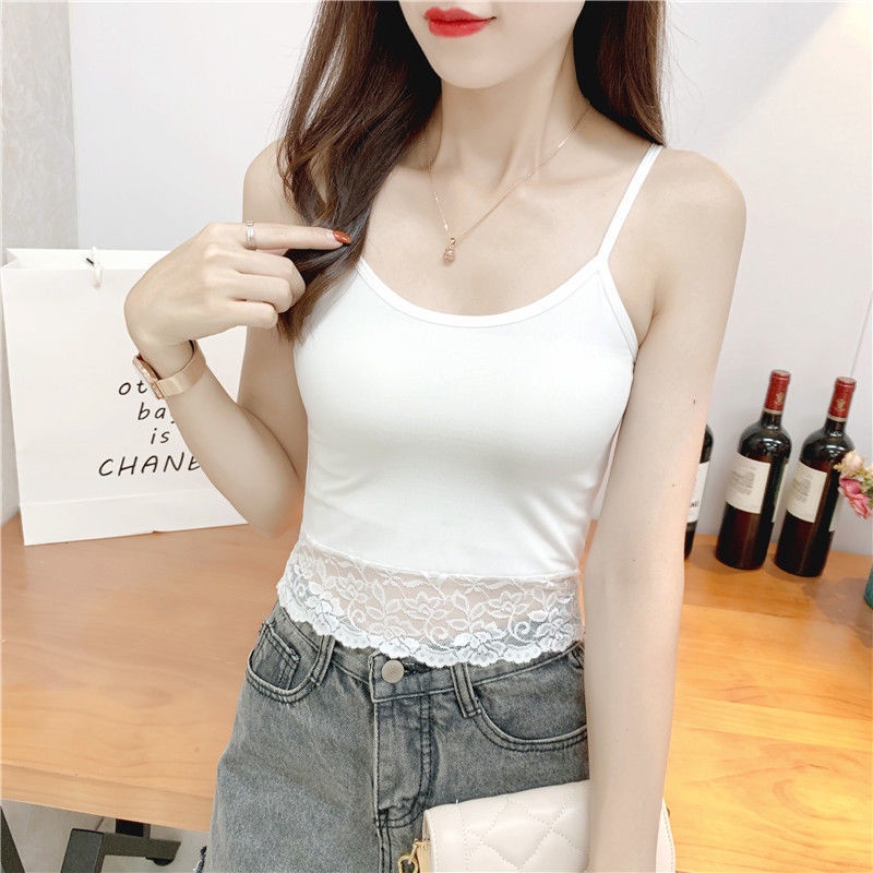 Áo Croptop Hai Dây Phối Ren Màu Trắng / Đen Thời Trang Quyến Rũ Cho Nữ