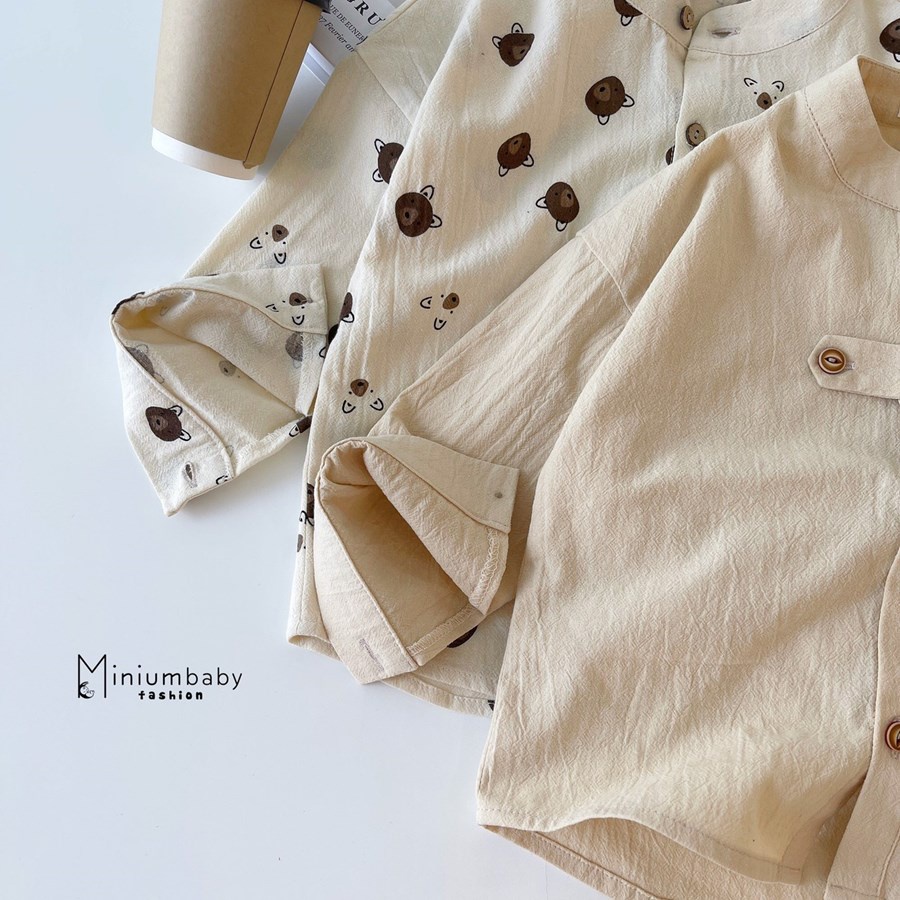 Áo sơ mi dài tay thu đông cổ tàu in gấu cho bé trai chất liệu thô boi, bộ quần áo trẻ em miniumbabyfashion A1389