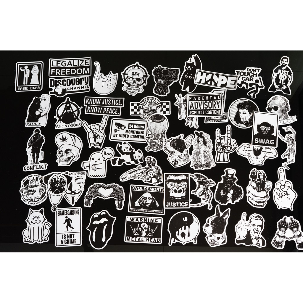 Bộ 10 20 50 sticker trắng đen black white stickers cao cấp trang trí Vali Laptop Mũ Bảo Hiểm Xe Máy Xe Đạp Đàn