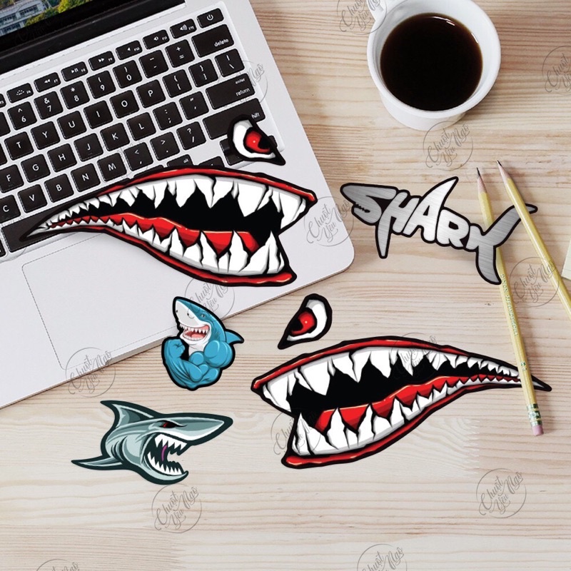 Bộ tem decal chống nước hình dán xe Hàm Răng Cá mập trang trí laptop, vali, tủ lạnh NT 31