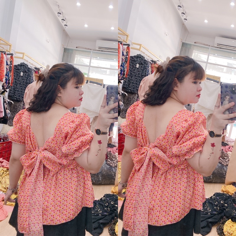 Áo kiểu Bigsize babydoll cột nơ lưng 55-90kg. Hình thật Bụ Bẫm shop