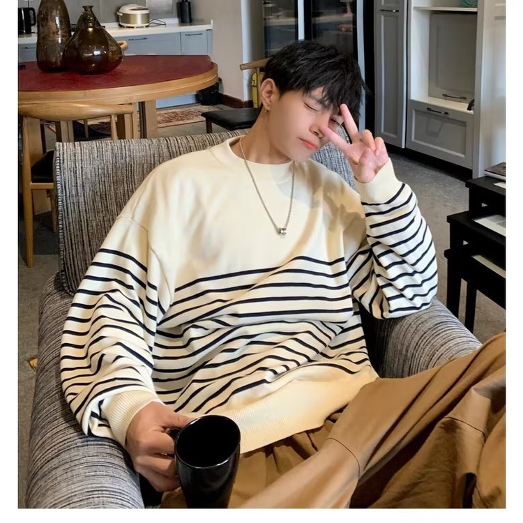 Áo Sweater Dáng Rộng Cổ Tròn Kẻ Sọc Màu Tương Phản Thời Trang Cho Nam Giới Có Size Lớn 8XL