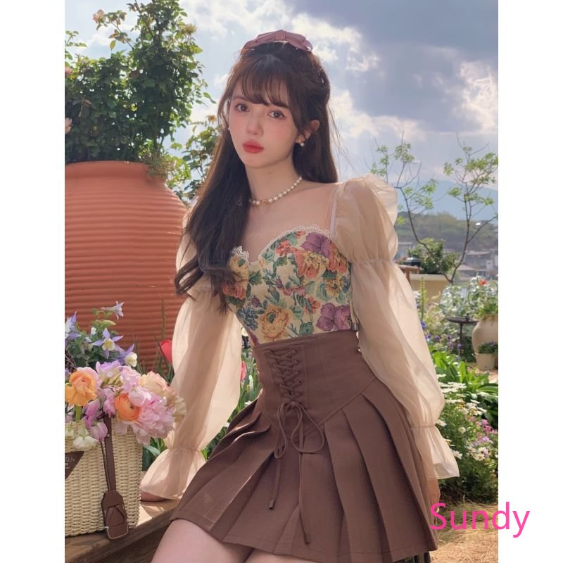 Áo Kiểu Tay Dài Phối Ren Hoa Thời Trang Xuân Thu Cho Nữ