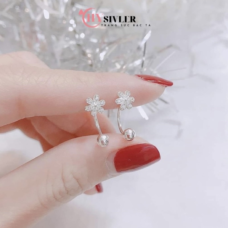 Bông tai bạc ta dạng khoen bông hoa 6 cánh đính đá đeo được 2 kiểu bông tai nữ bạc thật