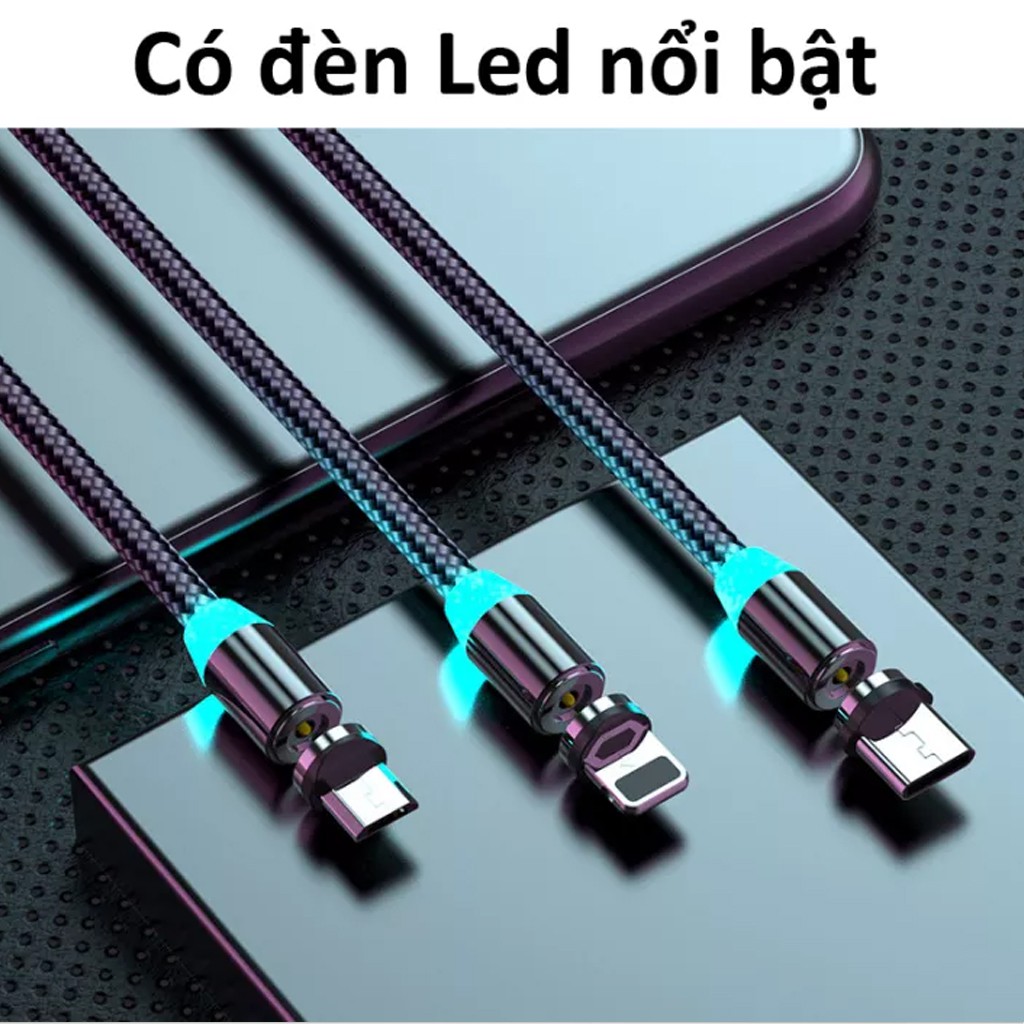 [COMBO 3 ĐẦU]Cáp Sạc Từ Hút Nam Châm Đầu Android, TypeC và iPhone 360 Độ Dây Dù, Có LED Cao Cấp