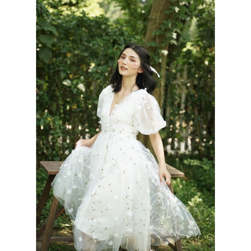 MIRA DRESS - VÁY HOA TAY BỒNG CỔ V XẾP EO - V0136 và