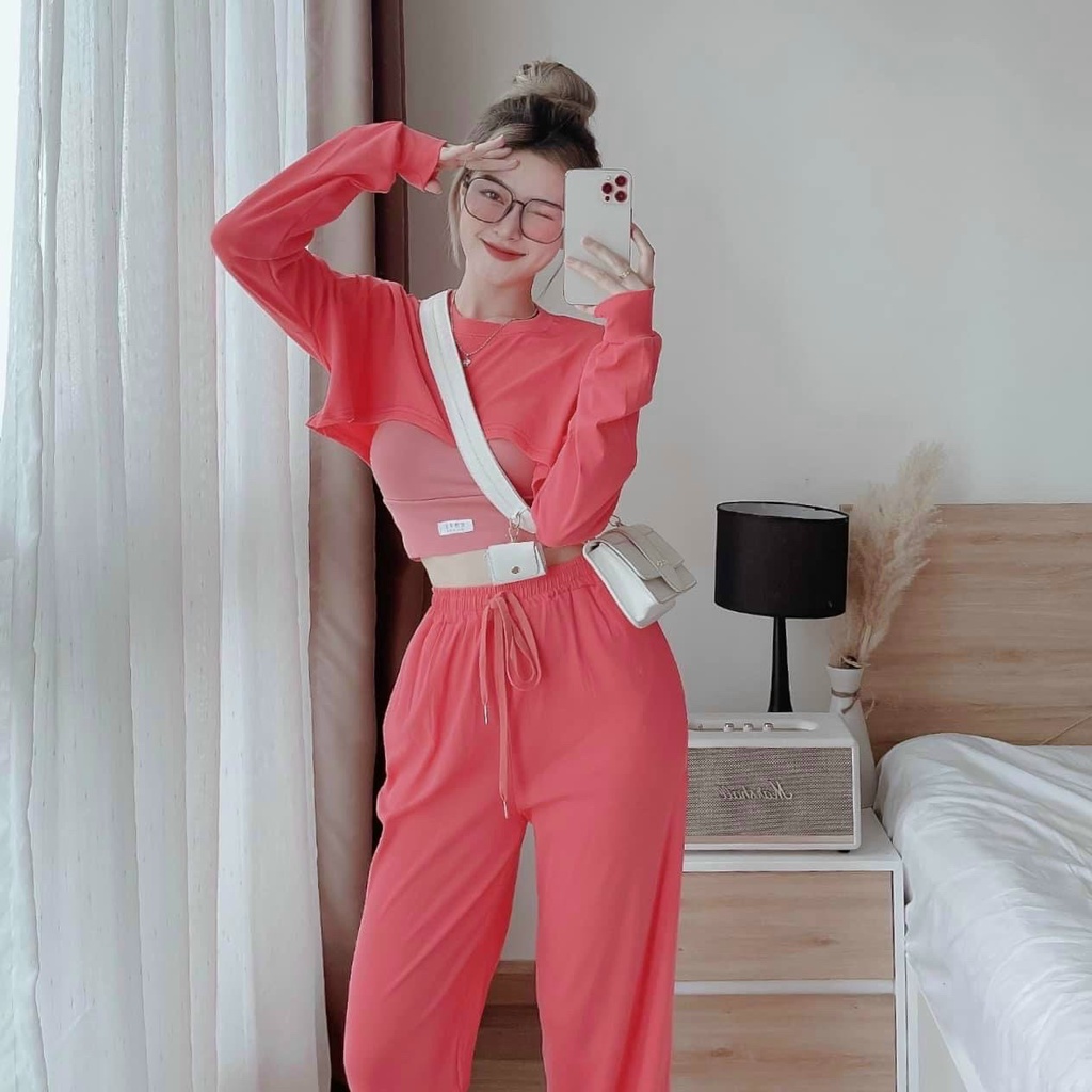(Sale FreeShip) Sét nữ 3 món,sét hotgirl áo 2 dây croptop mix áo tay dài kèm quần ống suông có túi,chất đẹp hàng chuẩn s