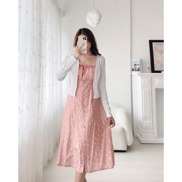 SET ĐẦM HOA NÚT BỌC + ÁO KHOÁC TRẮNG