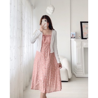 SET ĐẦM HOA NÚT BỌC + ÁO KHOÁC TRẮNG