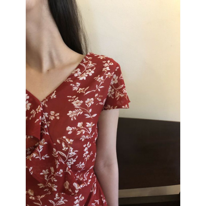 (ẢNHTHẬT) Đầm Đỏ Orla Dress chất voan hàng nhập quảng châu váy thiết kế hoạ tiết hoa vạt chéo cột eo from chuẩn basic.