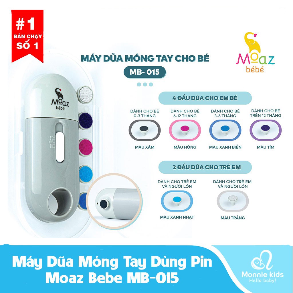 Máy dũa móng tay cho bé Moaz Bebe MB015 với 6 đầu mài nail mini có đèn pin