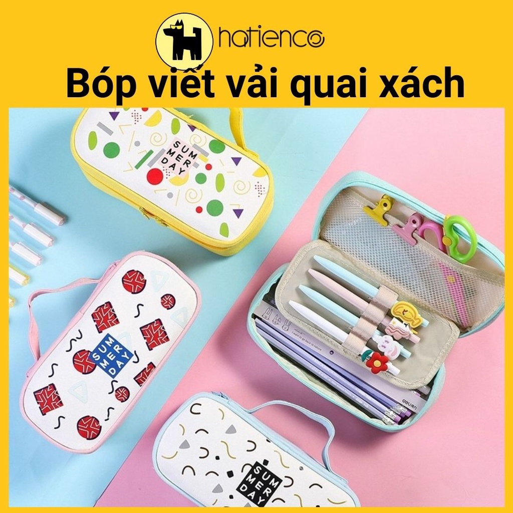 Bóp viết, hộp bút vải quai xách dễ thương, ngăn rộng đựng được nhiều bút viết