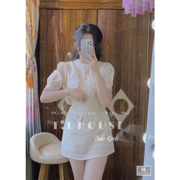 Sét áo cổ tàu đính ngọc + chân váy