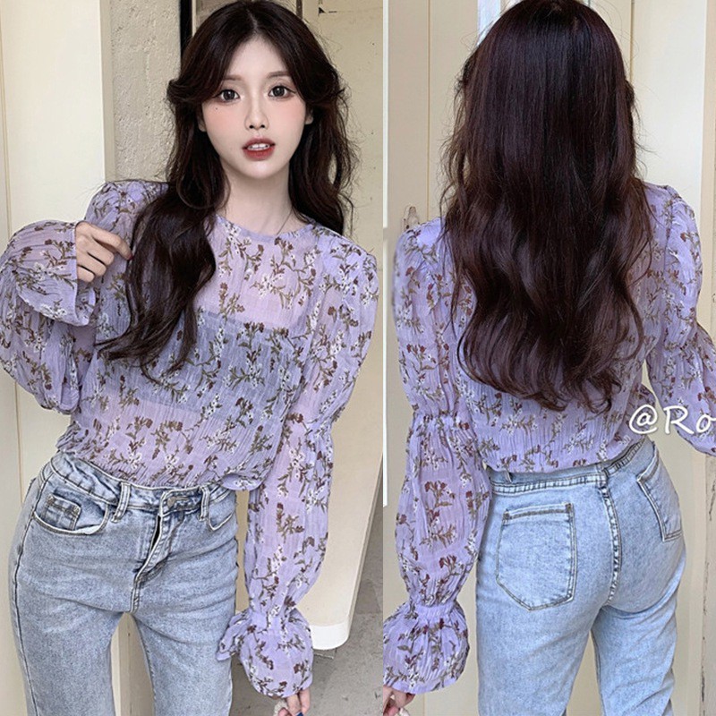 Áo chiffon tay dài họa tiết hoa cổ tròn thanh lịch trẻ trung cho nữ