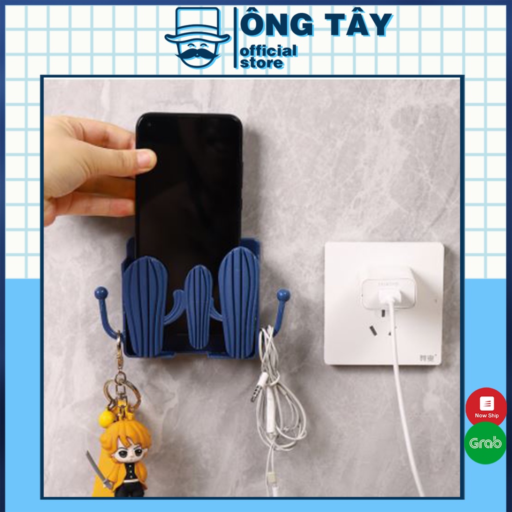 Kệ gắn tường để điện thoại khi sạc họa tiết xương rồng - Giá để điện thoại, điều khiển dán tường có móc treo