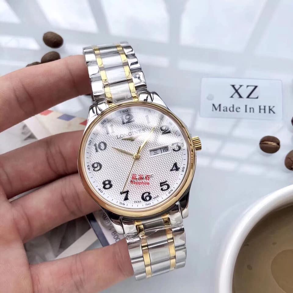 Đồng hồ Nam L-ongines cơ automatic số học trò mặt size 40mm dây kim loại đơ mi mặt trắng vỏ vàng