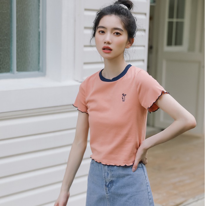 Áo thun nữ ZHELIHANGFEI tay ngắn vải lụa lạnh phối ren màu sắc tương phản phong cách Hàn Quốc thời trang mùa hè 2022