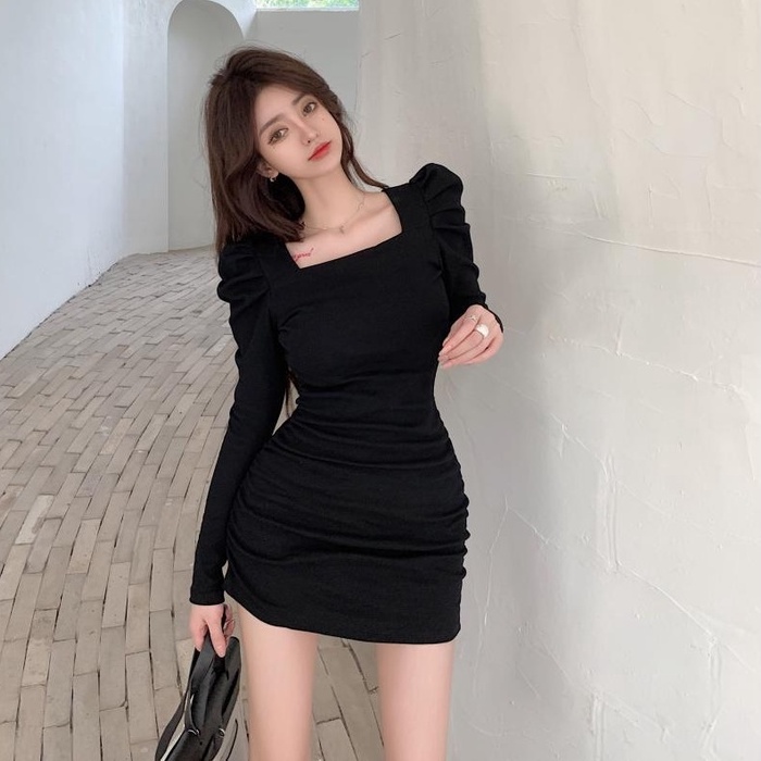 ZHELIHANGFEI Đầm Tay Dài Cổ Vuông Nhấn Eo Thời Trang Quyến Rũ Cho Nữ