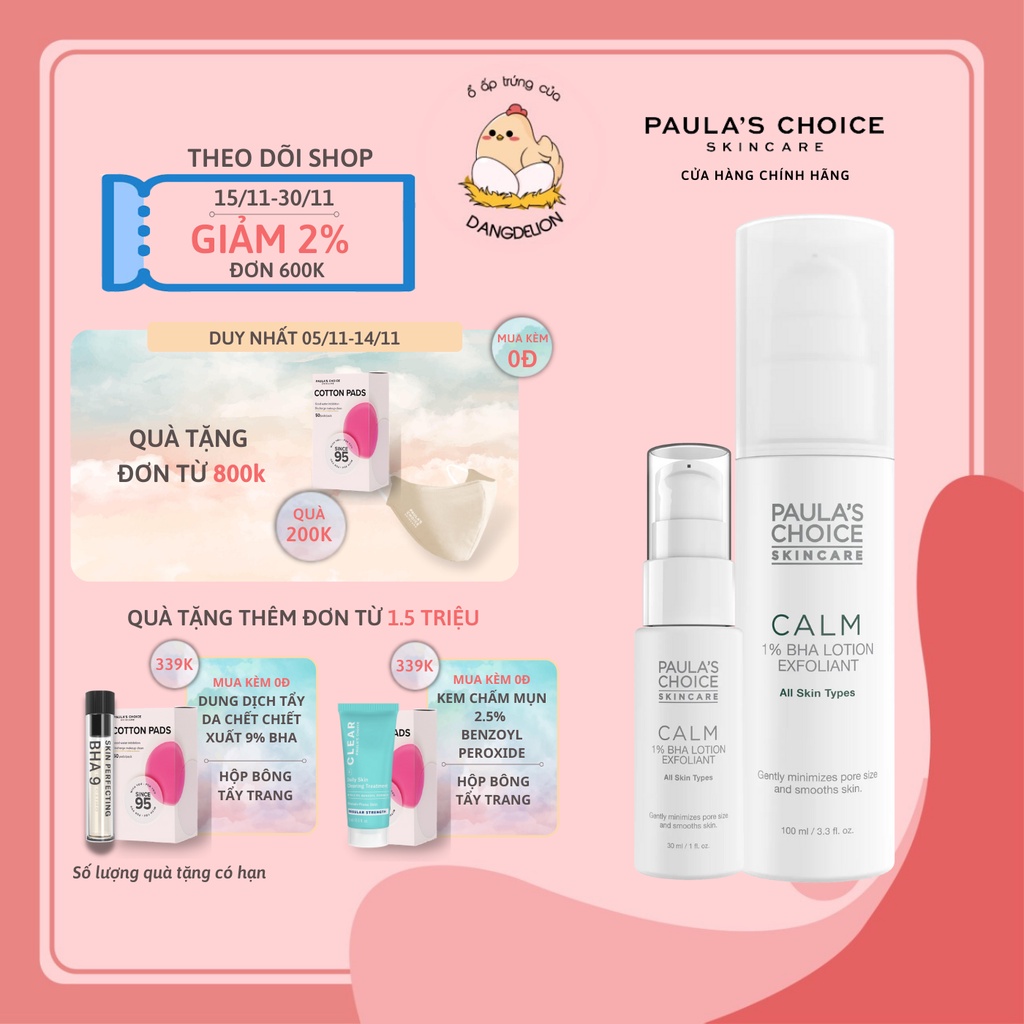 Lotion tẩy da chết dịu nhẹ phù hợp cho da nhạy cảm Paula's Choice CALM Redness Relief 1% BHA Lotion Exfoliant