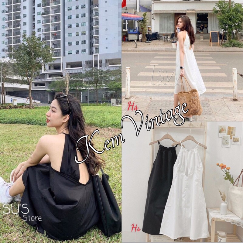 Đầm Yếm Nữ 3 Lỗ Khoét Lưng ,🌹KemVintage<FREESHIP>🌹, Váy Yếm Nữ Ngực Bèo Dáng Rộng, Đầm 2 Dây Babydoll 2 Màu TRẮNG ĐEN