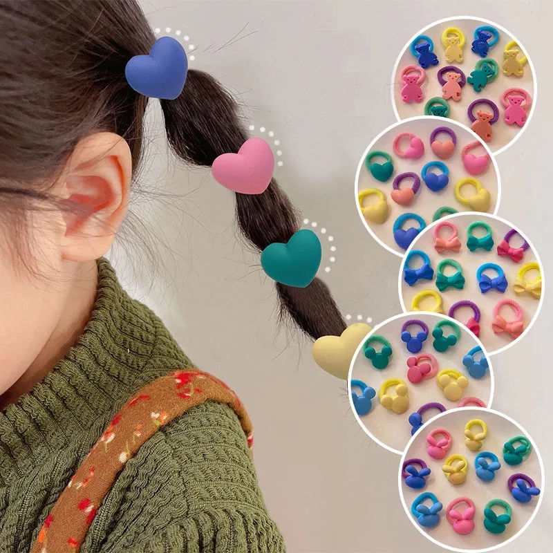 10 Pcs/Set Girls INS Style Mini Bow Hair Ties Rope / Kids Fashion Small Bear Elastic Hair Ties / Girls Daily Lovely Headwear