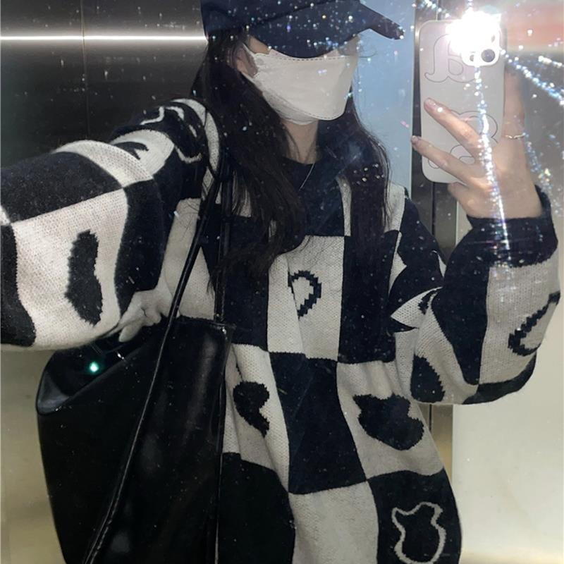 Áo sweater cổ tròn dáng rộng in hình gấu phong cách Hàn Quốc