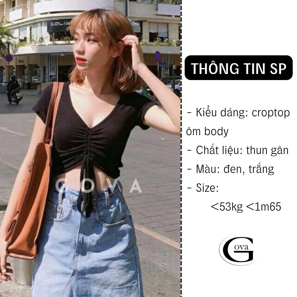 Áo Croptop CỔ TIM RÚT DÂY TAY NGẮN Thun Gân Kiểu Sexy Nữ, Áo Thun Ôm Body Đẹp GOVA