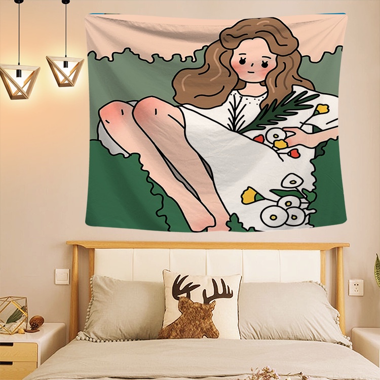 Tặng Đèn - Tranh vải treo tường cô gái dễ thương kèm móc treo decor phòng ngủ
