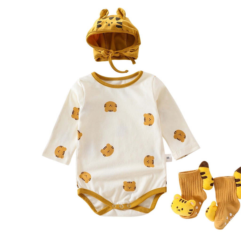 Bộ Áo Liền Quần + Mũ In Họa Tiết Đầu Mèo Dễ Thương Thời Trang Mùa Thu Cho Bé Gái 0-24 Tháng Tuổi