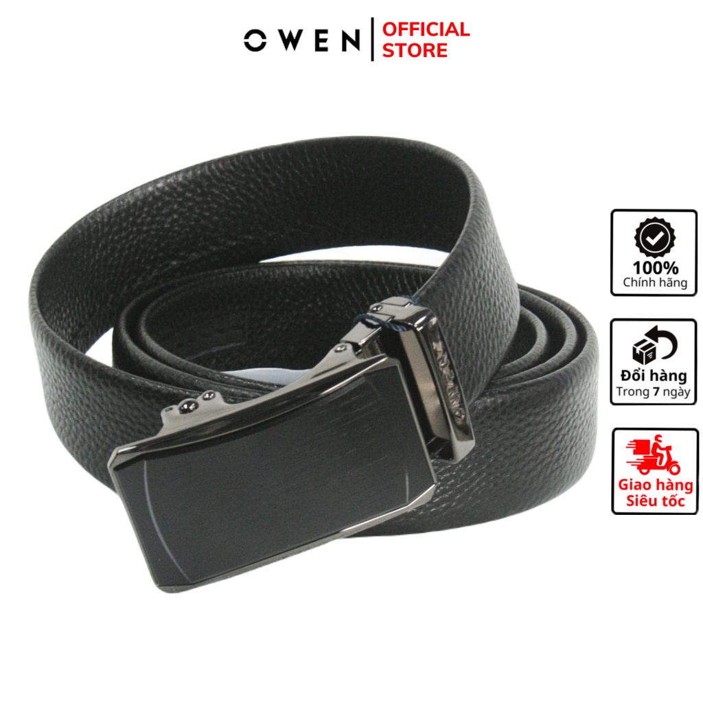 Thắt lưng da bò nam cao cấp OWEN BELT220595 dây nịt da thật màu đen mặt hợp kim đúc nguyên khối khóa trượt tự động