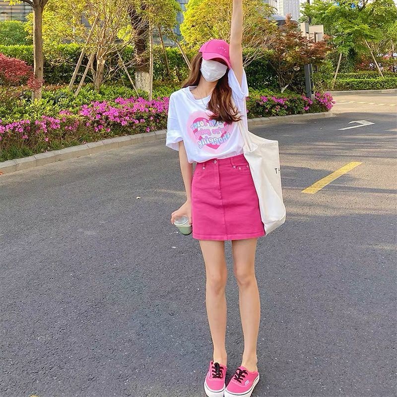 Set Áo Thun Tay Ngắn In Hình Gia Vị Dễ Thương + Chân váy jean Cho Nữ