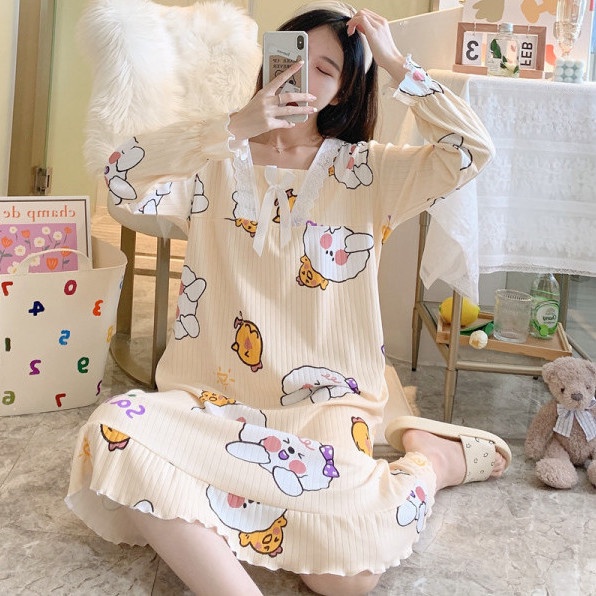 Đầm ngủ cổ vuông dáng rộng tay dài đính nơ phong cách công chúa ngọt ngào xinh xắn đáng yêu dành cho nữ