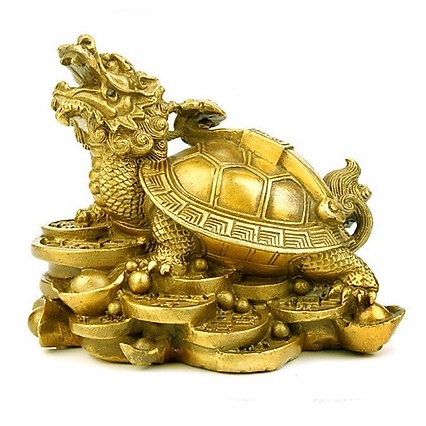 Long Quy  13cm,cõng rùa con , gậy như ý "Rùa Đầu Rồng" tượng đồng phong thuỷ