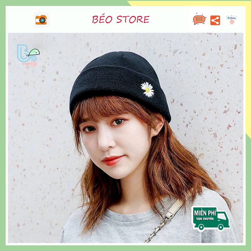 Mũ nón len beanie thêu hoa cúc màu đen chất len dệt mềm mại ấm áp| Mũ len mùa đông cho nam nữ phong cách basic| L4