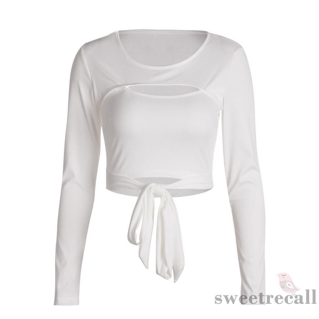 Áo Croptop Tay Dài Cổ Tròn Màu Trơn Thời Trang Cho Nữ