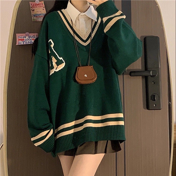 Áo sweater COZOKC dệt kim tay dài dáng rộng cổ chữ V phối màu tương phản phong cách Hàn Quốc