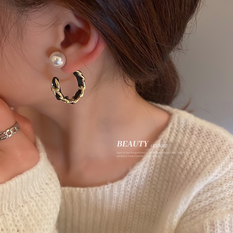 Bông tai mạ bạc 925 hình chữ C đính ngọc trai thời trang thanh lịch