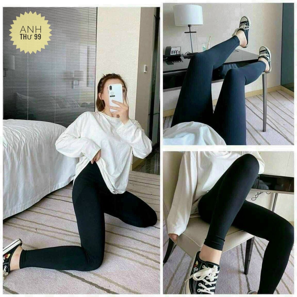 Quần legging nữ cạp cao dáng dài vải cotton đen dày co giãn - Quần legging nữ dài trơn ôm bó thể thao tập gym
