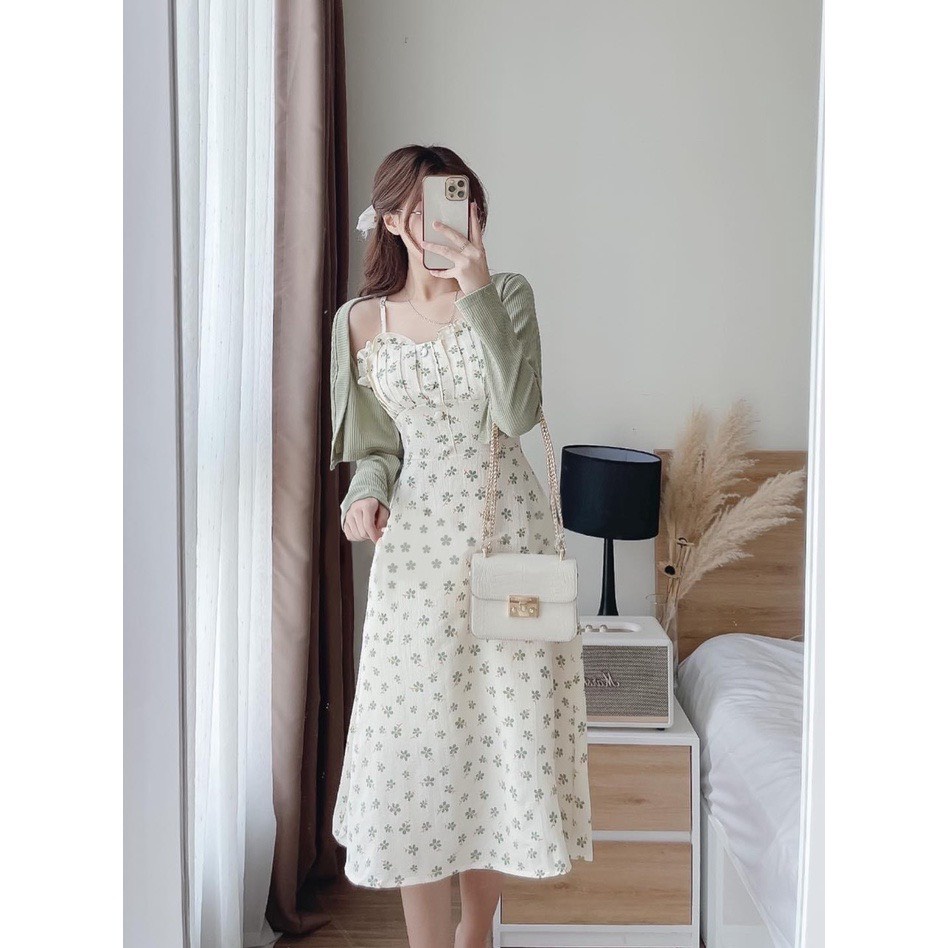 Sét Váy Hai Dây Hoa Nhí Kèm Áo Khoác Cardigan- Đầm maxi 2 dây dáng dài kèm áo coptop khoác ngoài phong cách hàn quốc