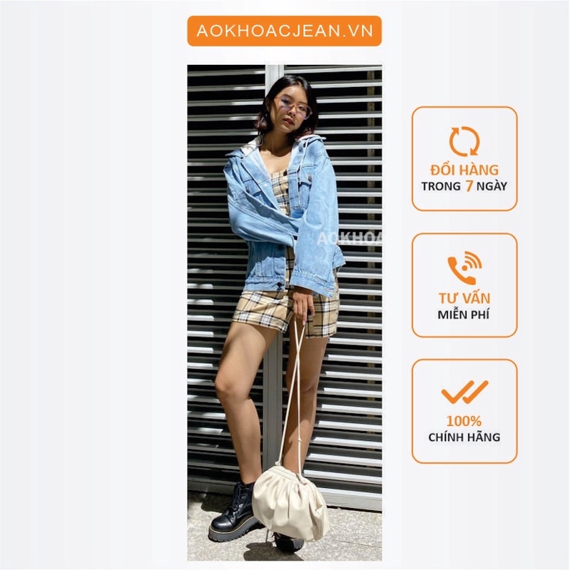 Áo khoác jean nữ CÓ NÓN Xanh Nhạt from rộng unisex nam nữ - AOKHOACJEAN.VN